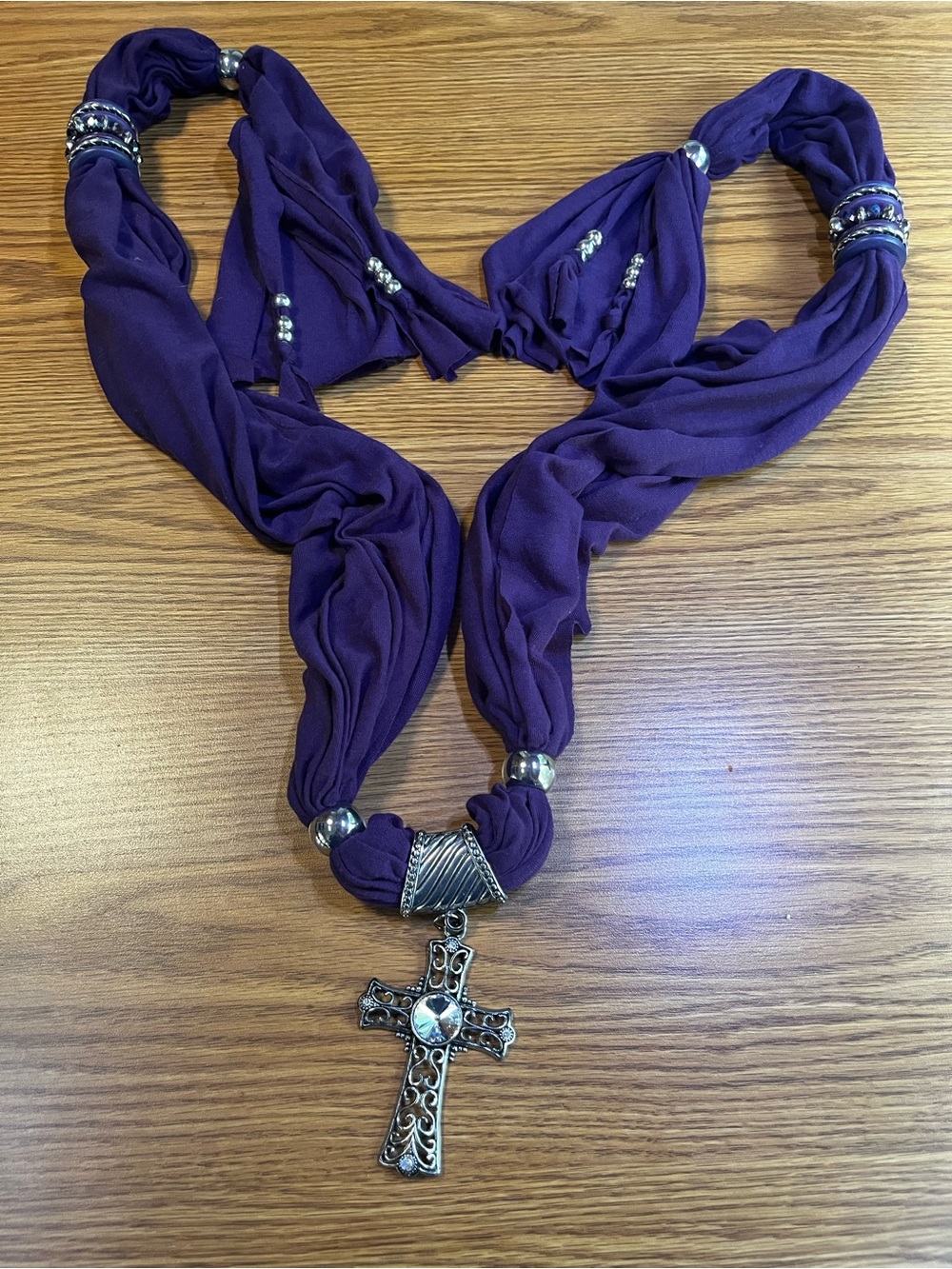 Purple Scarf Necklace with Decorative Cross Pendant